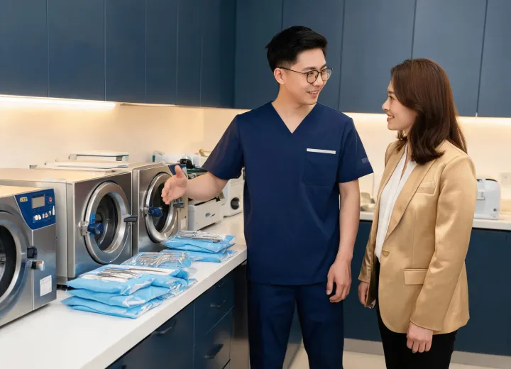 Clinical engineer advising facility manager beside autoclaves